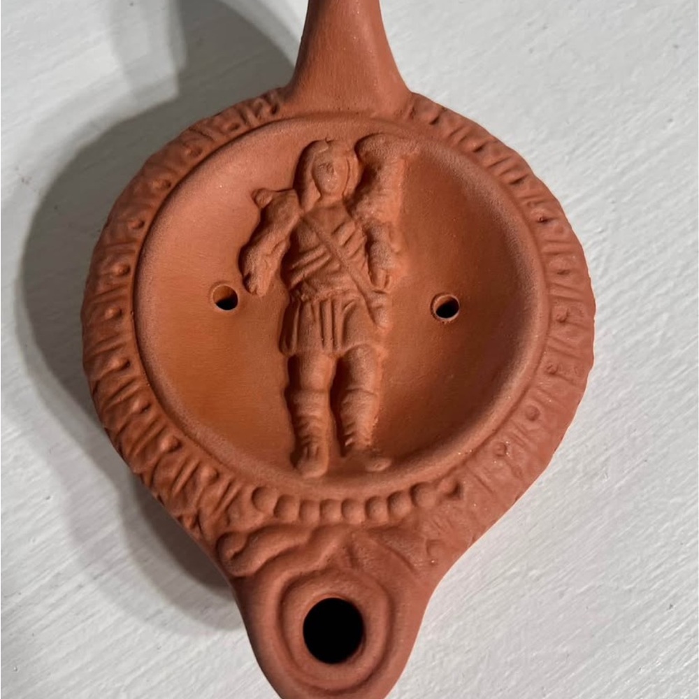 Terracotta Oil Lamp Lucerna with Gladiator / Warrior Design